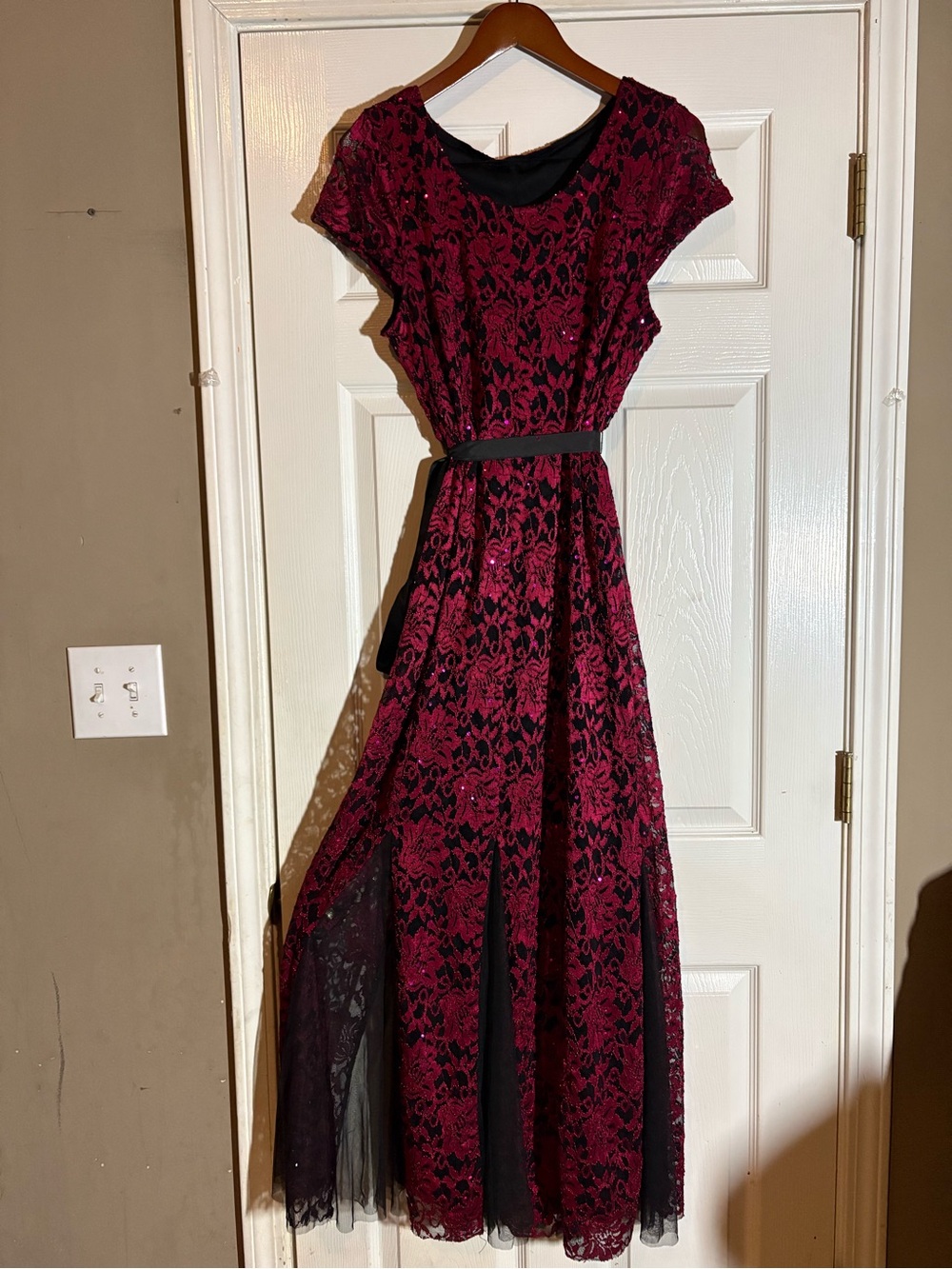 Women's Black & Wine Lace Maxi Dress with Belt